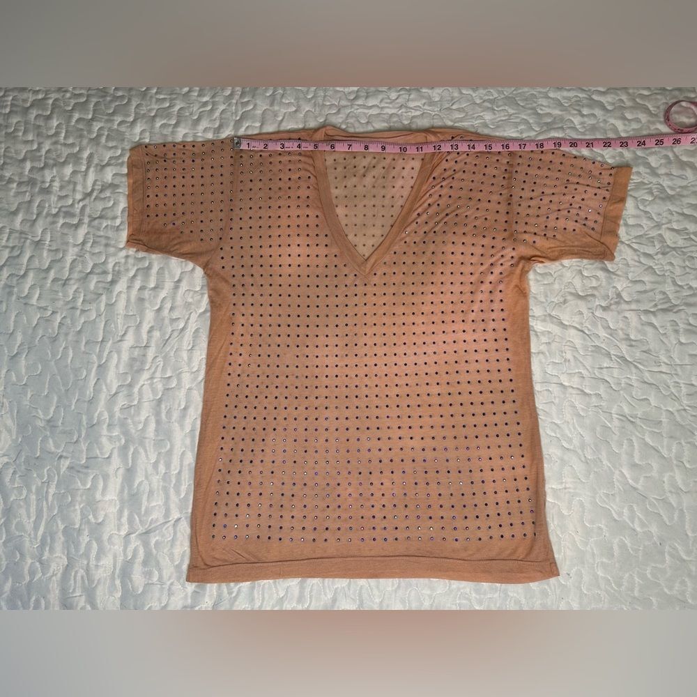 Sheer Rhinestone Studded V-Neck Tee Y2K Festival Nude Short Sleeve Top Small - Picture 7 of 8